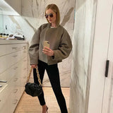 Women's Fashion Solid Thicken Cropped Jacket Top Long Sleeve Warm Autumn Winter Cardigan Female Casual Loose Woolen