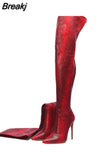 Sexy Over The Knee High Boots Women Stretch Leather Snakeskin Pointed Toe Long Booes Woman Winter Zip High Heels
