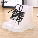 Women Rain Boots Mature Lady Lace Up Waterproof Lady Shoes Rubber Transparent Candy Colors Ankle Outdoor Girl's Fashion