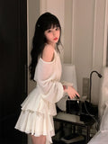 Autumn Fairy Pure Color Short Party Dress Korean Fashion Elegant Mini Dress Woman Design Casual Long Sleeve Dress