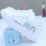 Women Sneakers Fashion Breathble Vulcanized Shoes Pu Cute Cat Cartoon Lace Up Casual White Women Shoes Zapatos De Mujer