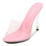 Summer Women Shoes New Fashion Leopard Print Slippers Crystal Open Toed Sandals Women Sexy Transparent Heel 11cm High