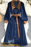 Women Denim Dress Vintage Style PU Leather Patchwork V-neck Long Sleeve Single Breasted A-line Elegant Jeans Dress with