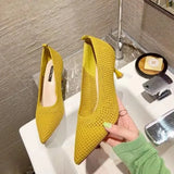 Heel Stretch Knitted Pumps Shoes Women's Shallow Flats High Heels Dress Shoes Pointed Toe Mesh Breathable Cozy