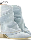Boots Women 2023 New Fashion European Style Pointed Toe Denim Mid Calf Boots Causal Dress Street Fashion Boots