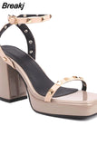New Fashion 2023 Chunky High Heels Sandals Summer Ankle Buckle Riveted Design Ladies Sandals Comfy Walking Simply