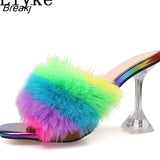 9CM Transparent High Heels Fur Slippers Women Feather Sandals Peep Toe Mules Lady Pumps Slides Party Shoes