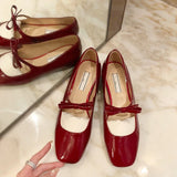 Women Shoes Spring Autumn Luxury Bowtie Mary Janes Shoes Women Square Toe Flats Ballets Red Dance Party Bridal Wedding