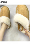 35-43 New Fashion Winter Plush Cotton Slippers Women Flats Shoes Platform Casual Home Suede Fur Warm Slingback Flip