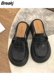 For Women 2023 Female Shoes Med House Slippers Platform Cover Toe Slides New Flat Fabric Retro PU Shoes Woman 2023 Med