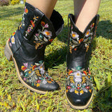 Retro Female Western Boots Wood Sole Spike Heels Pointed Toe Slip-On Floral Flower Ankle Boots Shoes Plus Size