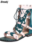 Color Rivets Studded Women Gladiator Sandals Outside Casual Flat Shoes Woman Hollow Out Lace-up Flats Summer