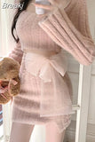 Winter Pink Kawaii Y2k Mini Dress Faux Fur Slim Sexy Bodycon Knitted Dress Woman Elegant One Piece Dress Korean