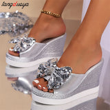 wedge slippers women 2024 new Shiny Sequin butterfly knot sandals women summer fashion Slope heel open toe Slippers size