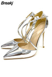 Women Patent PU Cross Strap Stiletto Pumps Pointed Toe 10cm High Heels for Elegant Ladies Chic Dress Shoes QP101