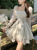 Y2k Mini Dresses Woman Pure Color Long Sleeve Dress Casual Elegant One Piece Dress Korean Fashion 2023 Spring Slim