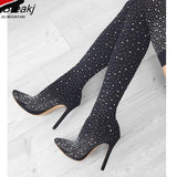 JIU MOUNTAIN 2021 Women's Boots Autumn Over The Knee Boots Fashion Rhinestone Pointed High Heel Outdoor Women's