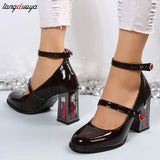 Women Punk Leather Mary Jane Shoes Gothic High Heels Pumps Rose Heeled Leather Lolita Shoes Woman Ankle Straps Mary Jane