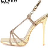 Sexy Golden Crystal Back Buckle Strap Sandals Women Summer Party Nightclub Stripper Heels Glitter Rhinestones Ladies