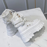 Chunky Platform Ankle Boots Women Black White Thick Bottom Motorcycle Boots Woman Autumn Winter Lace Up Short Booties