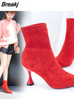 Women Ankle Boots Pointed Toe High Heel Stiletto Soft Suede Slip-on Boot Purple Black Red Cozy Botas Flock Booties