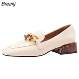 Metal Buckle Square Toe Women Flat High Shoes Crystal Heel Leather Square Loafers Shoes Fashion Chunky Heels Muller