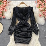 New Celebrity Sexy Square Neck Satin Dresses Long Sleeve Women White Hip Wrap Slim Pleated Mini Short Dress