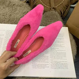 Toe Fur Ballet Flat Woman Shoes Winter Warm Plush Shallow Loafer Ladies Concise Furry Heeled Dress Shoes Zapatos