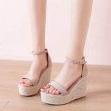 Sandals Espadrilles Platform 2023 Women's Clogs Wedge Suit Female Beige Heel Shoe Thick Square Toe Buckle Strap