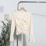 Real Shooting 2024 Autumn Dress Sexy V-Neck Folded Open Fork Short High-Waisted T-Shirt Horn Long Sleeve Bottom Top