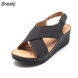 Women Sandals New Summer Shoes Woman Ladies Sewing Hollow Out Wedges Female Casual Pu Leather Comfortable Retro