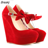 Flock Wedges Women Pumps High Heels Platform Ladies Bow Pump Fashion Round Toe Mary Janes Party Wedding