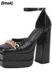 Stone Pattern Women Pumps Big Size Double Platform Shoes For Women Fashion Chain Buckle Strap Square Toe Chunky Heel