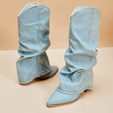 Pleated Cowgirl Boots for Women 2023 Pointed Toe Denim Mid Calf Boots Woman Fashion Thick Heels Western Botas Plus