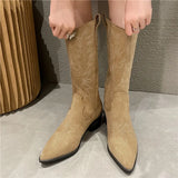 New Embroidery Pointed Toe Western Boots Women Slip On Thick Heels Mid Calf Boots Woman Brown Flock Cowboy Botas