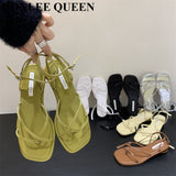 New Summer Women Sandals Fashion Square Toe Flat Heel Ankle Strap Shoes Narrow Band Casual Slides Green Sliver Female