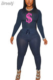 Solid Women Skinny Two Piece Sets Spring Bodycon Tracksuits Dollar Print Top And Leggings Pants 2pcs Outfits 2023