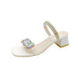 Rhinestone Sandals for Women Summer 2024 Square Heels Open Toe Slippers Woman Transparent PVC Jelly Sandal