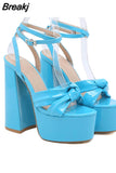 Buckle Platform Women Sandals Summer 2023 New Hot Sexy Elegant Rhinestones Shoes Thick Heels Sandals Bowknot Decor