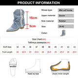 Toe Pleated Cowboy Boots for Women Fashion Tassel Thick High Heels Mid Calf Boots Woman Slip On Blue Denim Botas