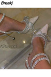 Rhinestones Women Pumps Crystal Bowknot Satin Sandals 2023 Summer Transparent Shoes High Heels Party Prom Designer