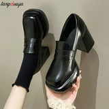 Mary Janes Shoes Women 9cm Thick High Heels 2024 Leather Platform Square Toe Pumps Ladies Solid Elegant party