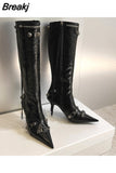 Green Women's High Boots Pointed Toe High Heels Stilettos Designer Shoes Sexy Demonia Boots Rivet Botas De Mujer