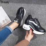 Women's Vulcanized shoes Autumn Leather Chunky Shoes Woman Platform Height Increased Sneakers 8CM Thick Sole Wedges sports