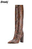 Women's Knee High Boots Tall Canister Sexy Women Boots Pointed Toe Chunky Heel Crocodile Print Women Boots High-heeled