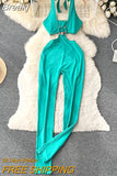 Sexy Women Green Cutout Jumpsuit Fashion Streetwear Lace-up Halter Neck Sleeveless Slim Fit Full Length Pants