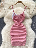 Sexy Night Club Dress Women Summer Elegant Color Match Mini Bodycon Dress Strap Sleeveless Cut Out Ruched Party