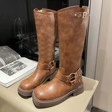 Belt Buckle Gothic Boots for Women Brown Thick Heels Knee High Combat Boots Woman Plus Size 42 Punk Long Botas