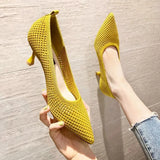Heel Stretch Knitted Pumps Shoes Women's Shallow Flats High Heels Dress Shoes Pointed Toe Mesh Breathable Cozy