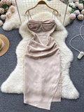 French Retro Spaghetti Strap Dress Summer Elegant Square Collar Sleeveless Backless Sexy Evening Party Midi Satin